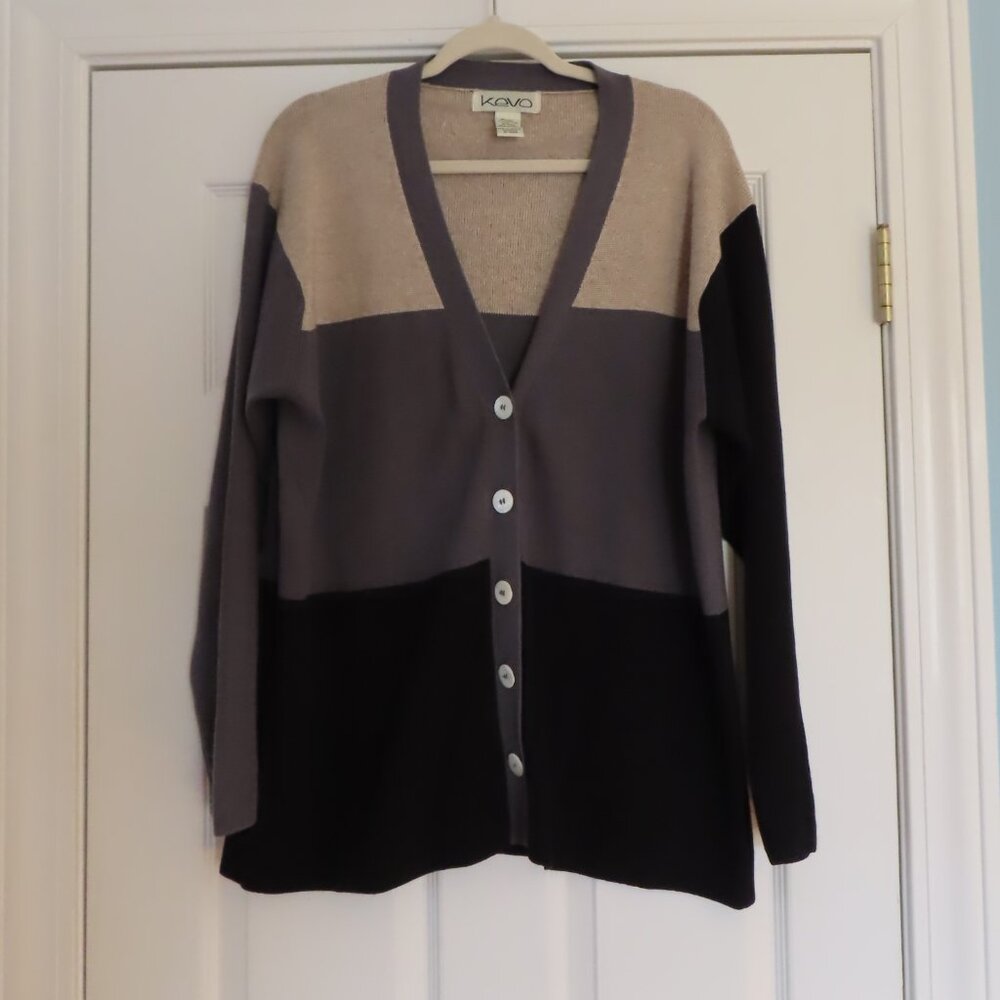 Silk Cashmere KEVO Colorblock Button Front Cardigan Sweater Size Large Cozy